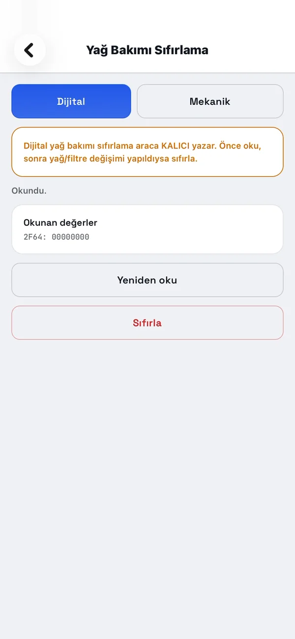 Yağ Bakımı Sıfırlama ekranı: Dijital ve Mekanik seçenekleri, okunan değerler
